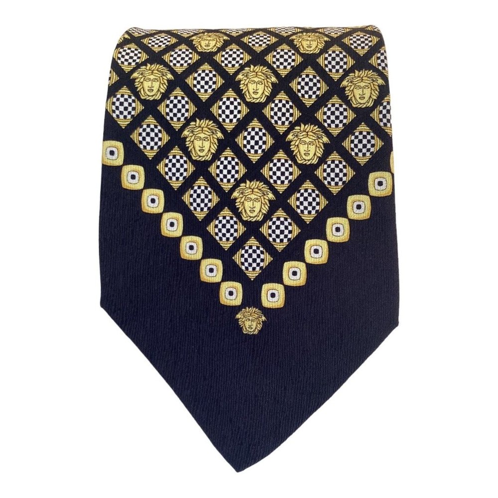 GIANNI VERSACE Yellow Geometric Monogrammed Silk Tie H.M In Spain 58"- 4" EX CD